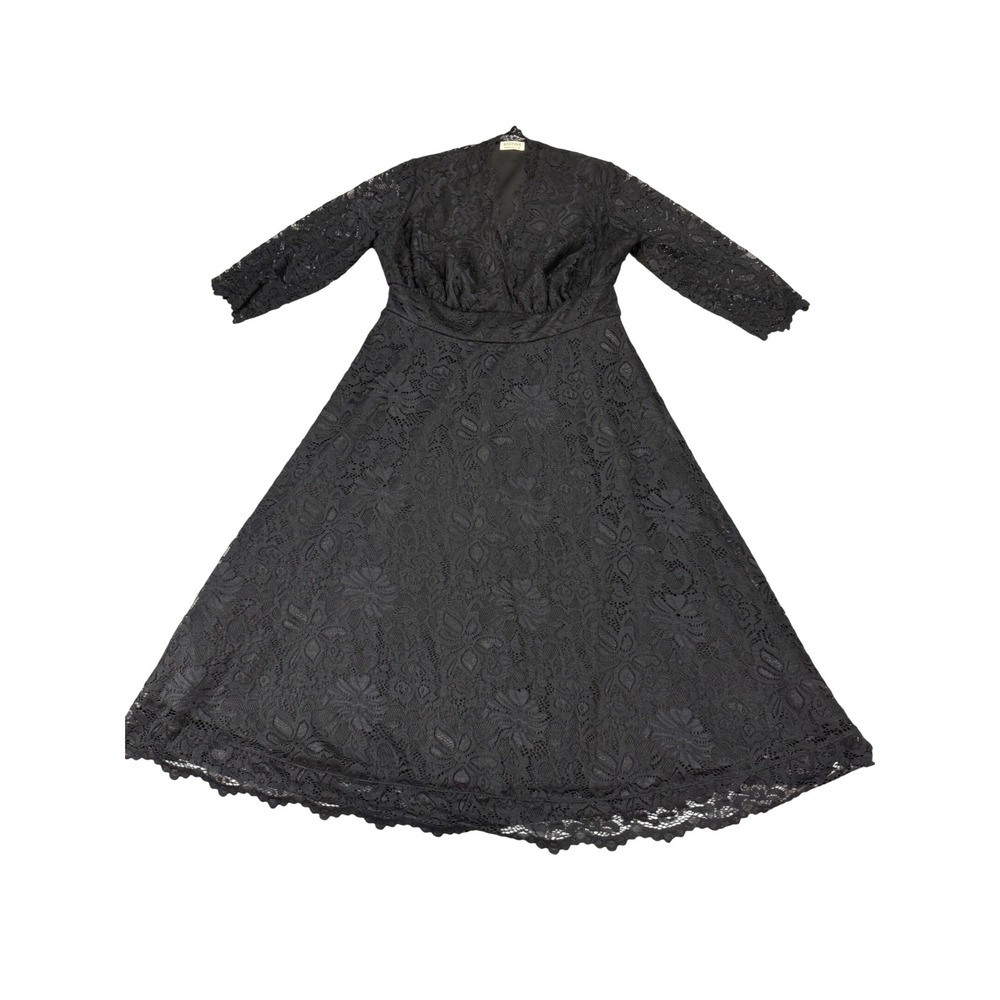 Kiyonna Womens Mademoiselle Lace Dress Onyx Black 3/4 Sleeve Midi Plus Size 0X